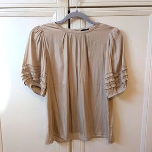 Ann Taylor Tan Blouse with Ruffled Flutter Sleeves